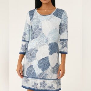 Jean-Pierre Klifa Paris Daphne Dress Verona Leaves Blue Print 3/4 Sleeve Size L